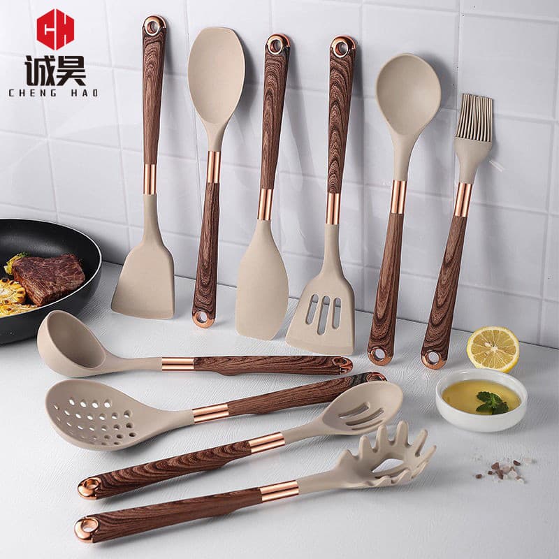 Conjunto de utensílios de cozinha de silicone com cabo de madeira, resistente ao calor, anti-queimaduras, espátula para