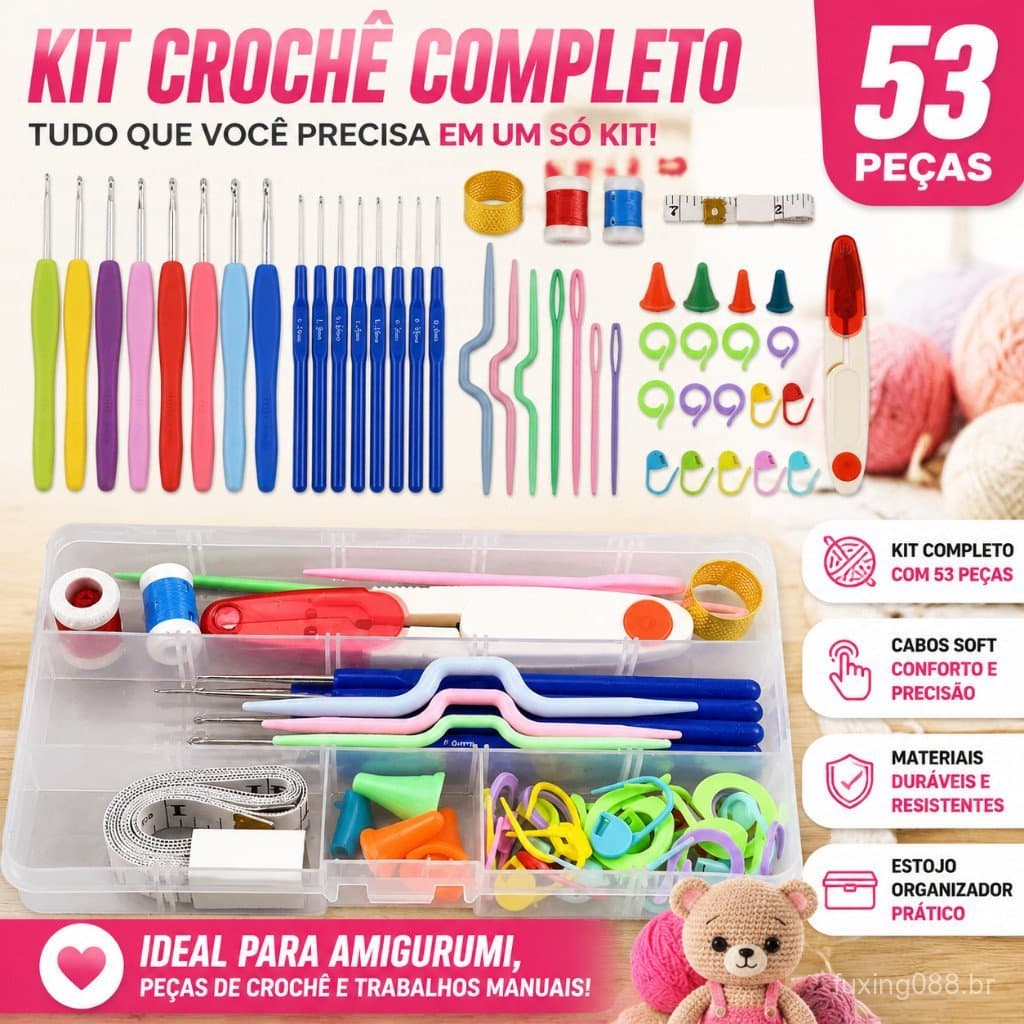 Kit Crochê Completo 53 Peças  Para Fazer Amigurumi Agulhas Cabo Soft Tesoura Acessórios Lar das Fitas
