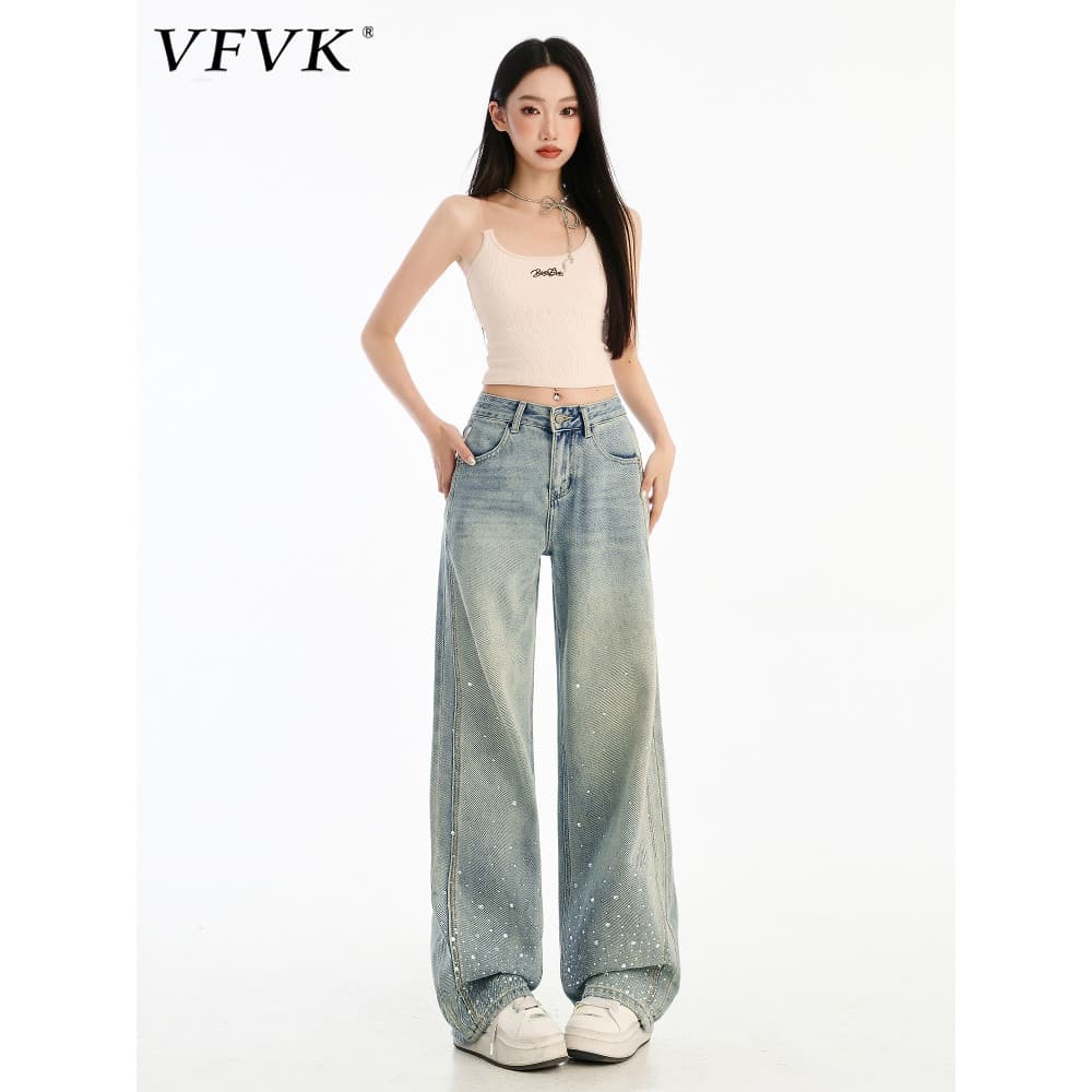 Vfvk cor clara com diamante Jeans retos feminino 2026 novo estilo strass Design calças femininas cintura alta calças lar