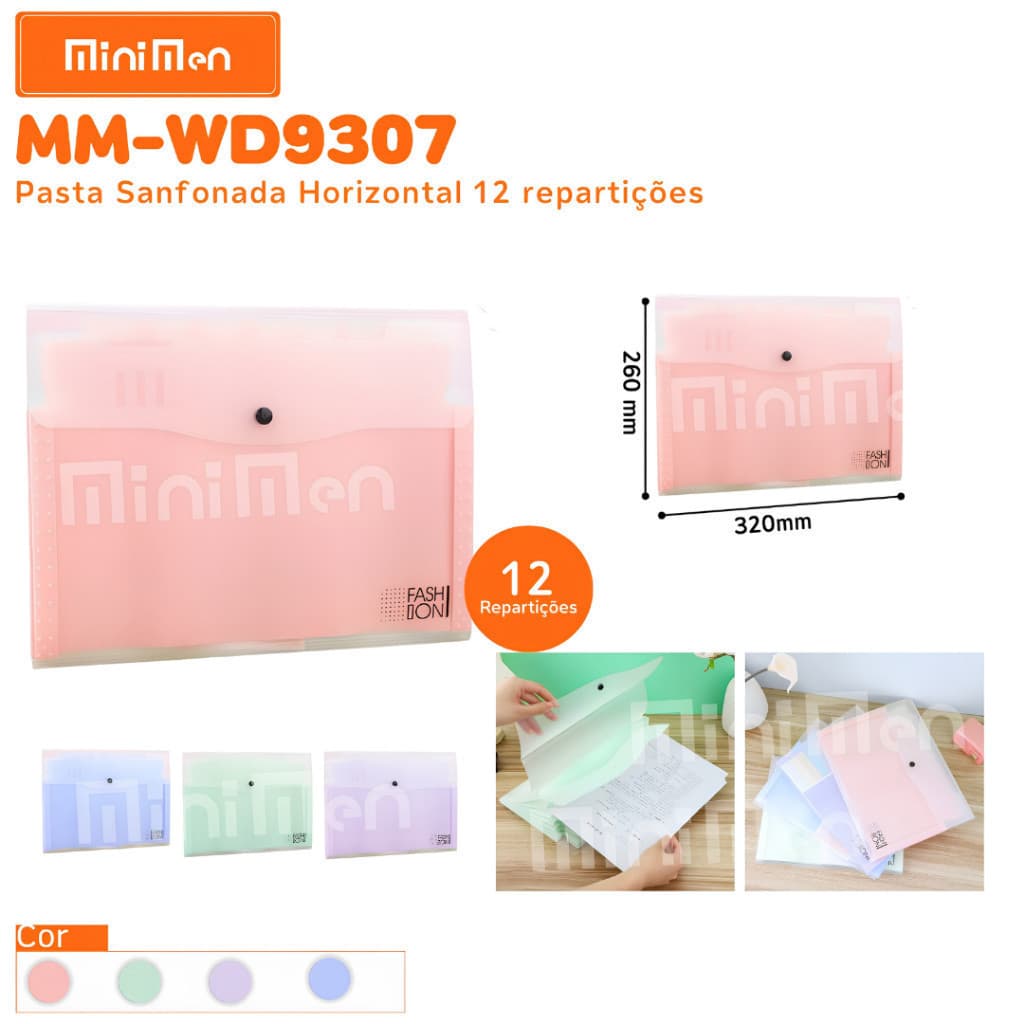 Pasta Sanfonada A4 MiniMen MM-WD9307 Horizontal 12 Divisórias com Botão