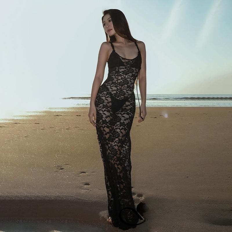 Vestido de Renda Sem Mangas para Mulheres TAXU, Vestido Casual de Verão Transparente, Vestido Justo para Festa, Férias,