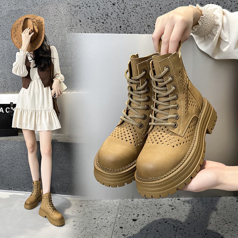 Botas Rubarbo Botas femininas de alta fixação ocas Martin 2026 Novo estilo Botas femininas de couro genuíno com buraco e