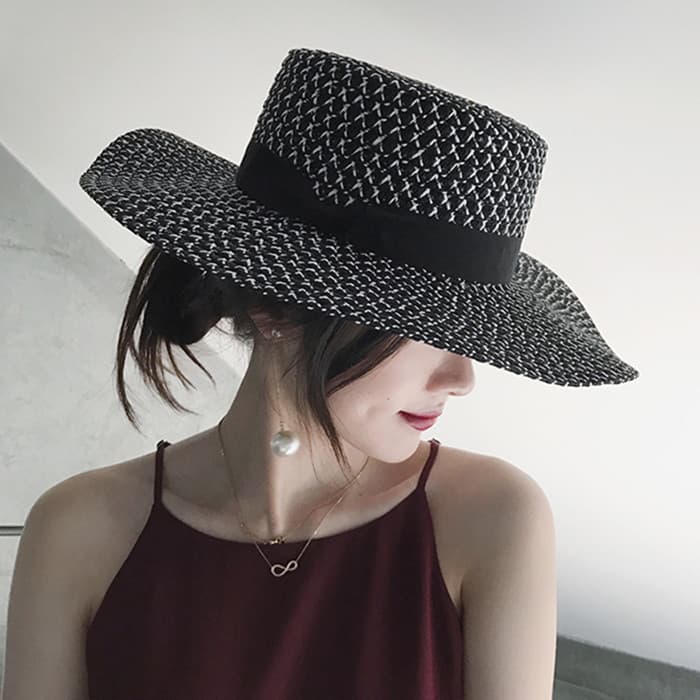 Preto branco plana superior grande borda chapéu de palha feminino primavera verão beira-mar férias praia chapéu britânic