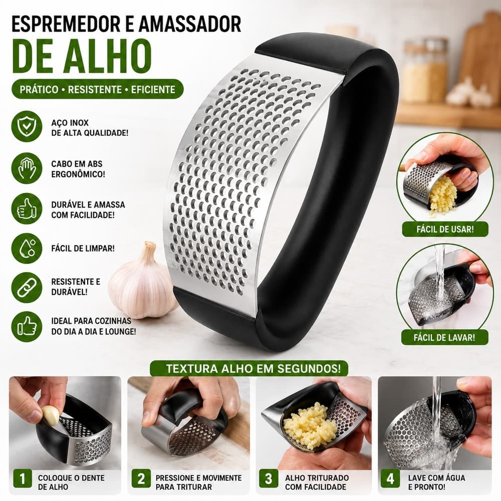 Espremedor Amassador Alho Aço Inox ABS Triturador Manual Resistente Fácil Limpeza Cozinha Gourmet