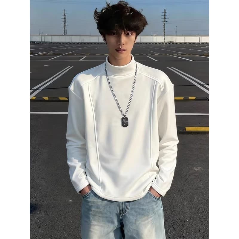 Camiseta masculina branca com gola meia alta, dupla face, veludo alemão, manga comprida, forro de lã de primavera, ombro