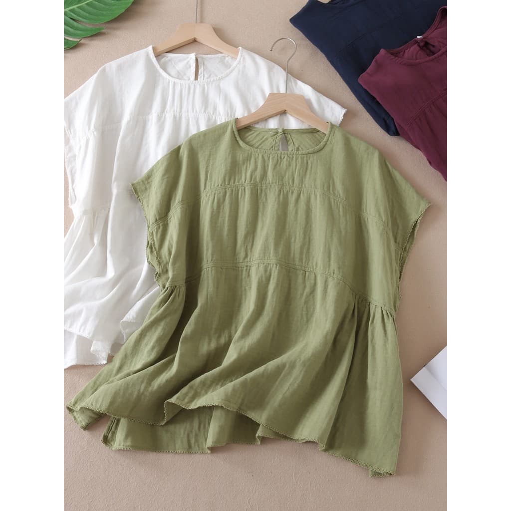 Macio elegante plissado em camadas soltas rendas camisa de algodão verão literário solto passeio preguiçoso roupas femin