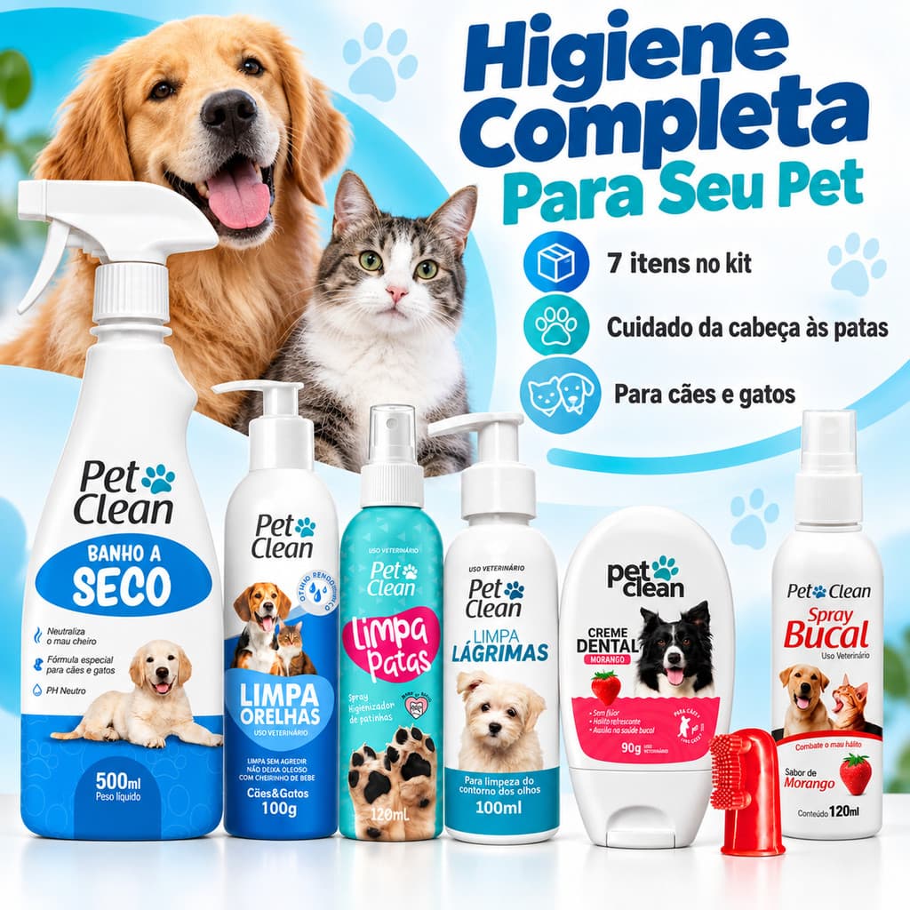 Kit Higiene Pet Clean Completo Banho a Seco Cães e Gatos Limpa Orelhas Patas Lágrimas Creme Dental Spray Bucal Dedeira