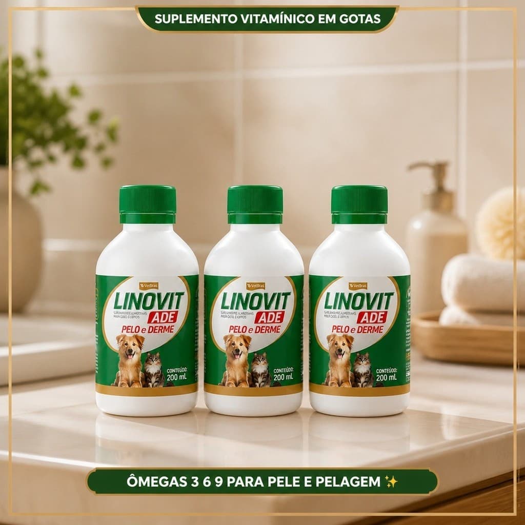 🐶 Kit 3 Linovit ADE 200ml Suplemento Vitamínico Cães Gatos Ômega 3 6 9 Pele Pelo Brilho Antiqueda 🐾