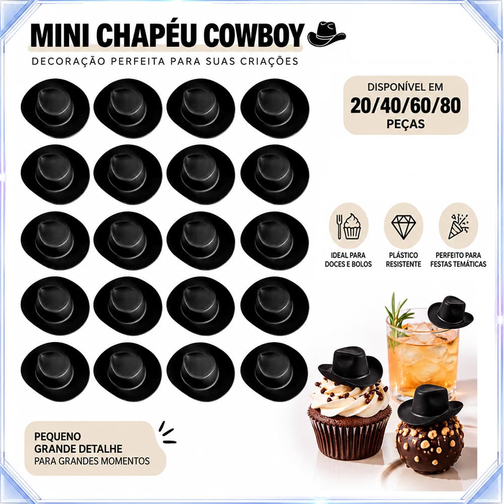 20/40/60/80 peças preto Mini chapéu de Cowboy Material plástico 5.4 x 4.6 cm adequado para decoração de sobremesa