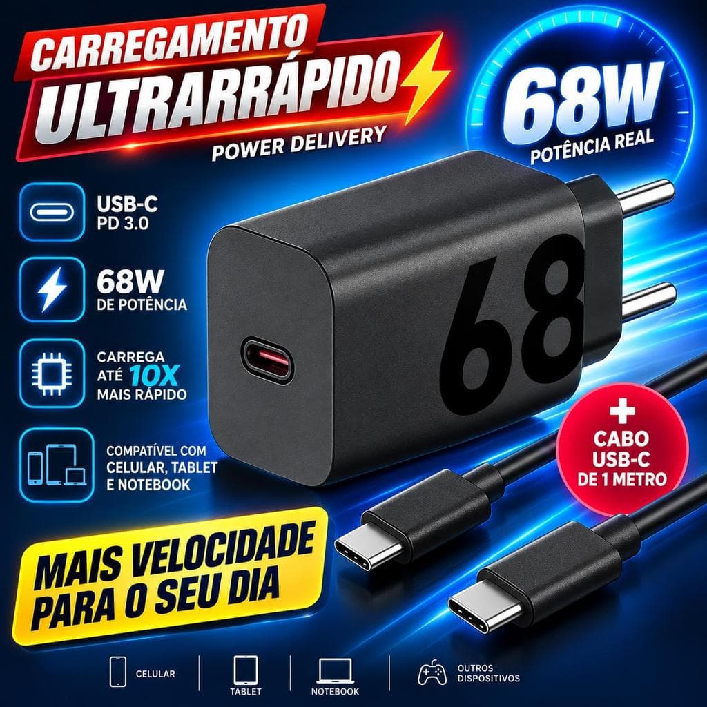 Carregador Turbo 68W USB-C PD 3.0 + Cabo USB-C 1m Carga Rápida