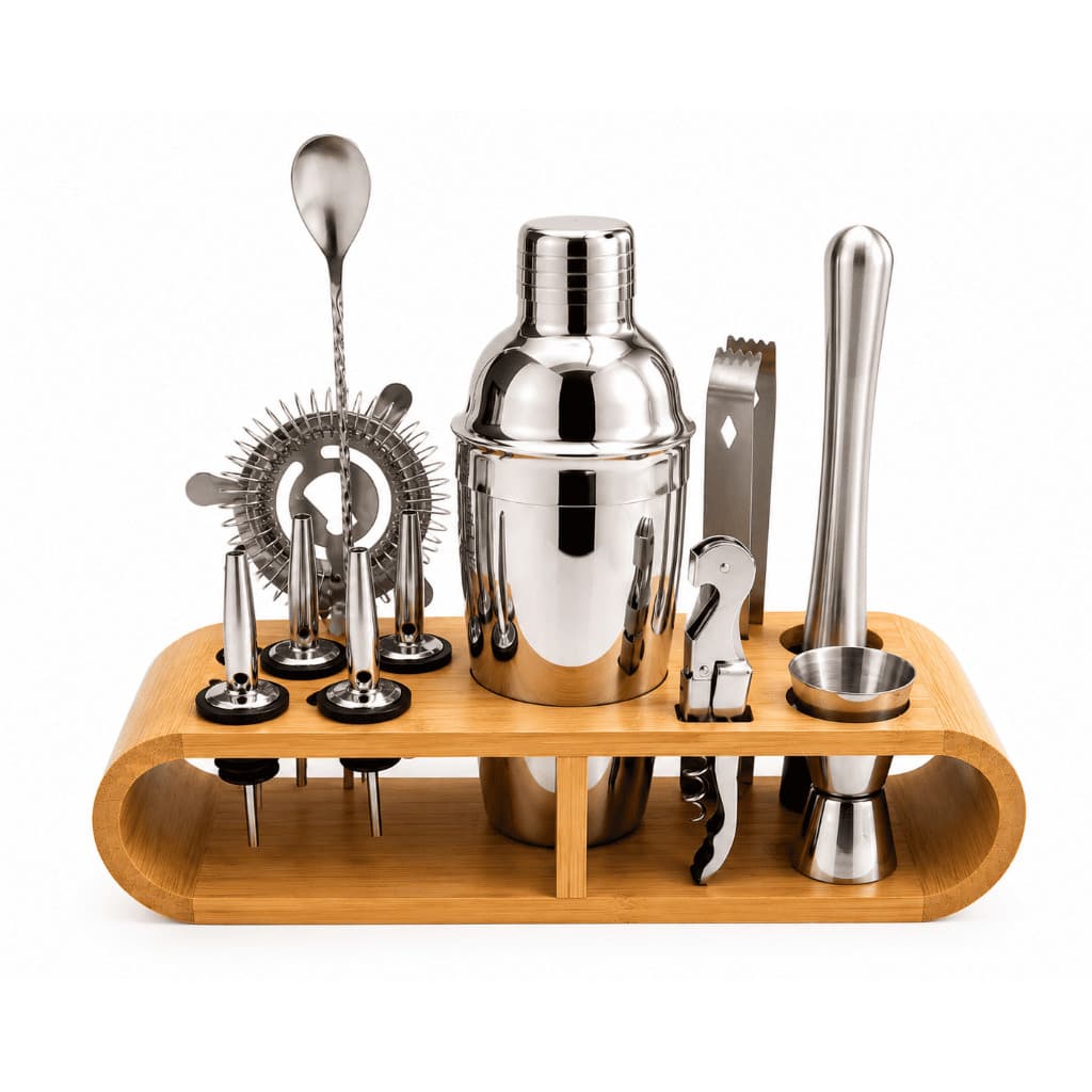 Kit Coqueteleira Bartender 12 Peças Aço Inox Completo Base Bambu 550ml Bridge Magazine