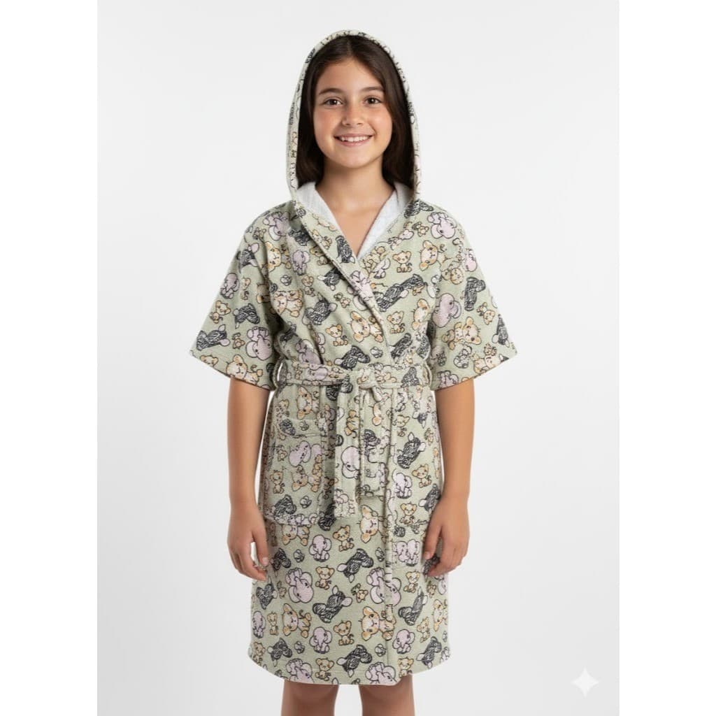 Roupão atoalhado estampado Safari Bichinhos - Pós banho, praia e piscina - Menino e menina - Elefante, zebra e leão