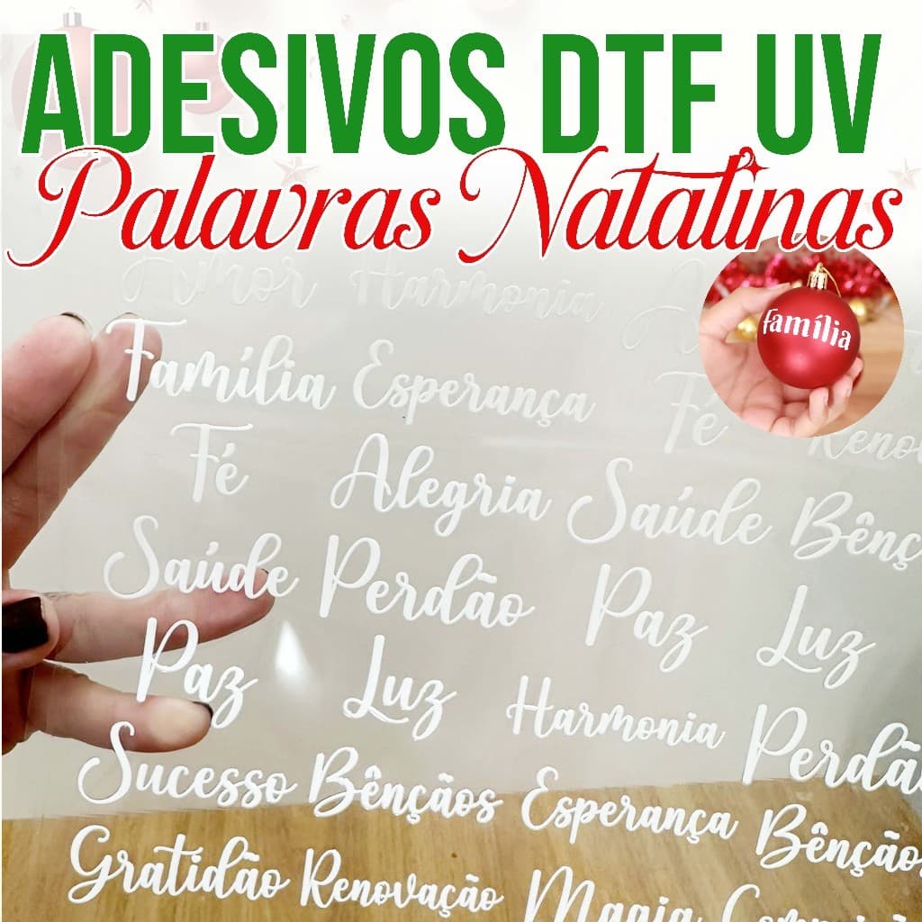 50 Adesivos DTF UV Palavras Natalinas para Personalizar Bolas.