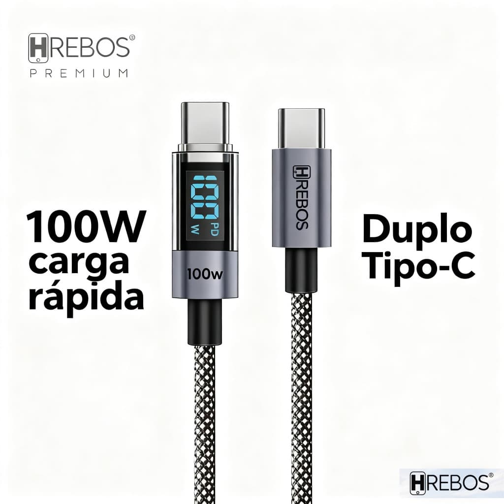HREBOS Cabo De Carregador Duplo Tipo-C 100W Pd 1/2m Nylon Reforçado CB-371C