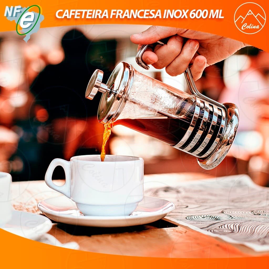 Cafeteira Prensa Francesa 600ml Aço Inox e Vidro Café Chá e Leite