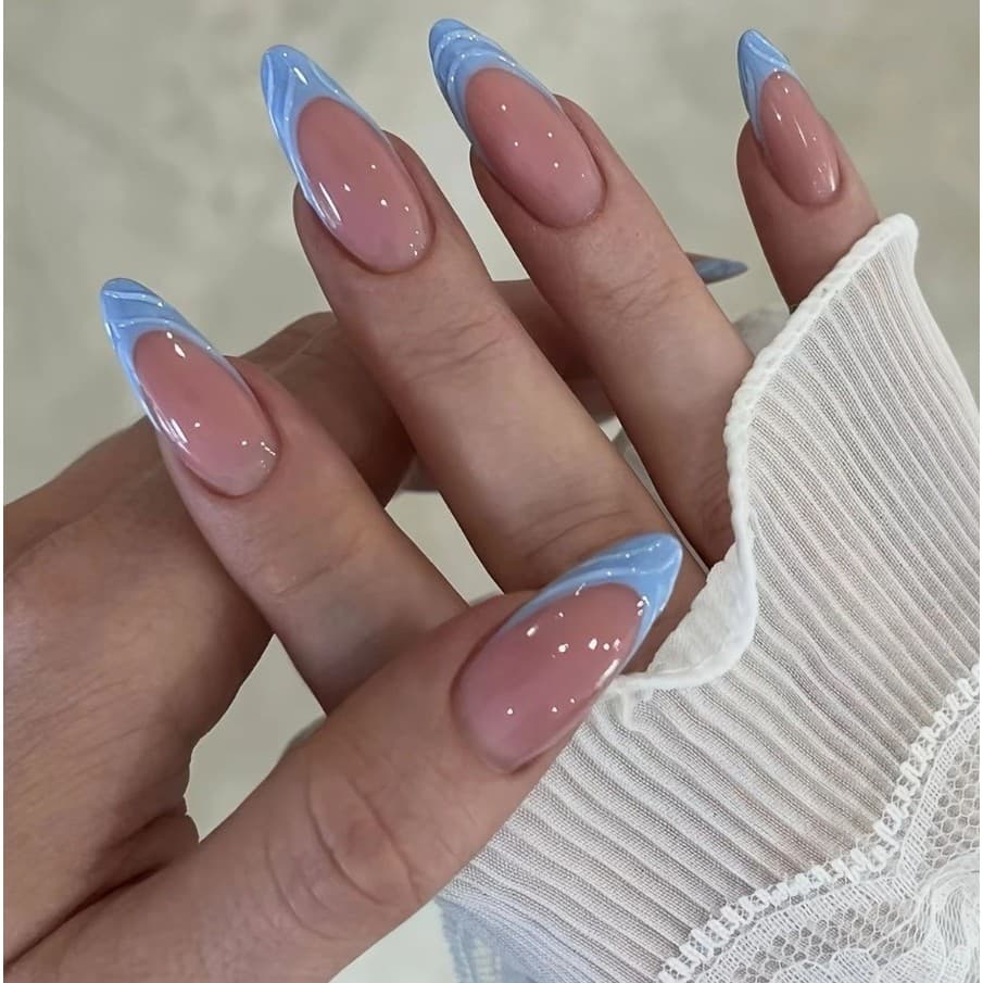 Prensa Longa De Amêndoa Para Unhas , 24 Peças , Nude 3D , Azul , Ponta Francesa , Falsas , Frescas , Minimalistas , Reut