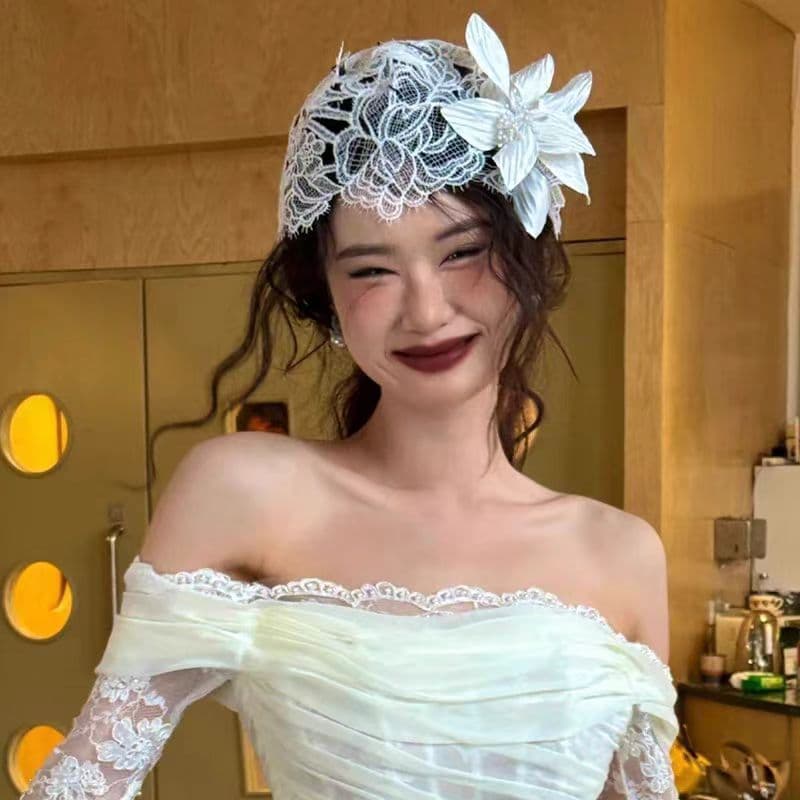 Francês Retro estilo republicano flor chapéu gaze cocar temperamento noiva estilo romântico vestido de casamento acessór
