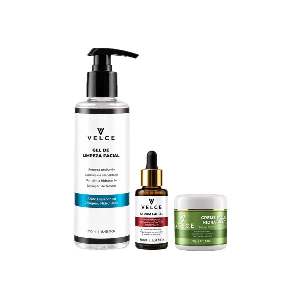 Kit Controle da Oleosidade Velce Gel de Limpeza Facial + Sérum Niacinamida 10% com Colágeno 5% e Zinco + Creme Aloe Vera