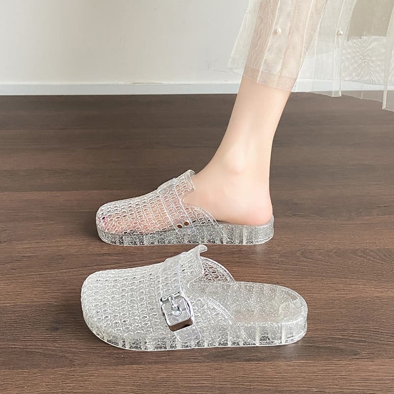 Cristal transparente Toe-coberto chinelos senhoras exterior Wear moda 2026 novo estilo verão oco casa sandálias chinelos