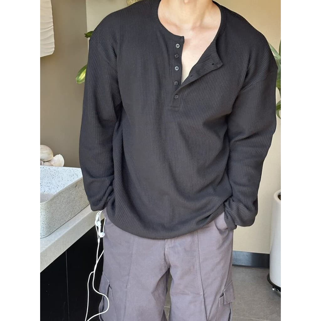 Camiseta masculina com gola Henry americana, textura Waffle, solta, manga comprida, meio botão, Casual, estampa de roupa