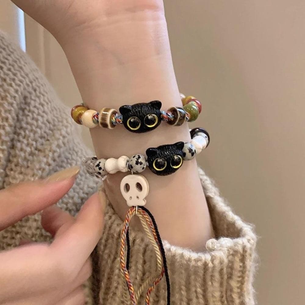 CartoonCatBraceletGlassChainElasticStringJewelryForWomen