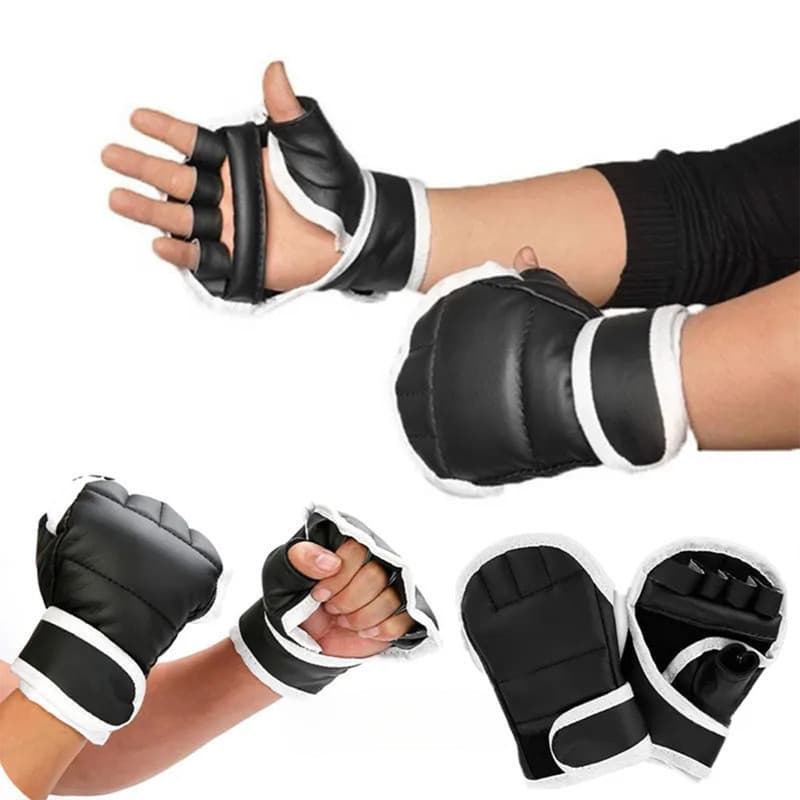 SENGONG 1luvas De Boxe De Meio Dedo Preto Luvas Couro De Luta Karate Muay Thai De Treinamento Kids Men