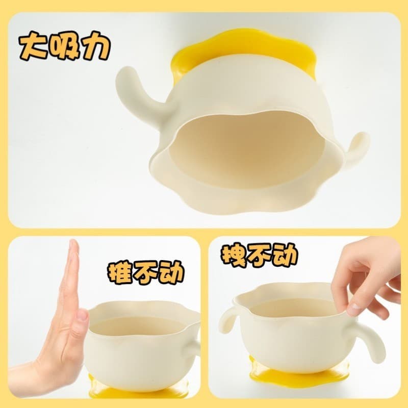 Tigela bebê alimentação complementar Prato infantil com ventosa Tigela silicone com ventosa fundo Tigela de flor de ovo