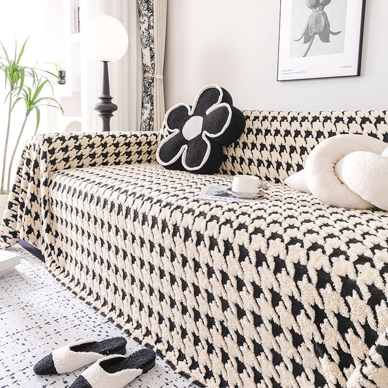 Houndstooth capa de sofá pano toalha de sofá 2025 outono inverno novo estilo almofada de sofá de pelúcia capa de uma peç