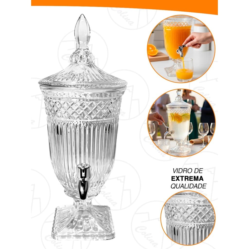 Suqueira De Vidro Premium Cristal Torneira Luxo 2/3/5 Litros Mesa Posta Decorativa Sucos Chás