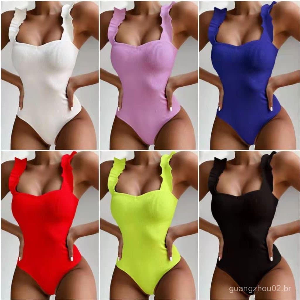 Biquíni feminino de uma peça com alças e detalhes florais, maiô triangular, moda praia em cor sólida PCYN