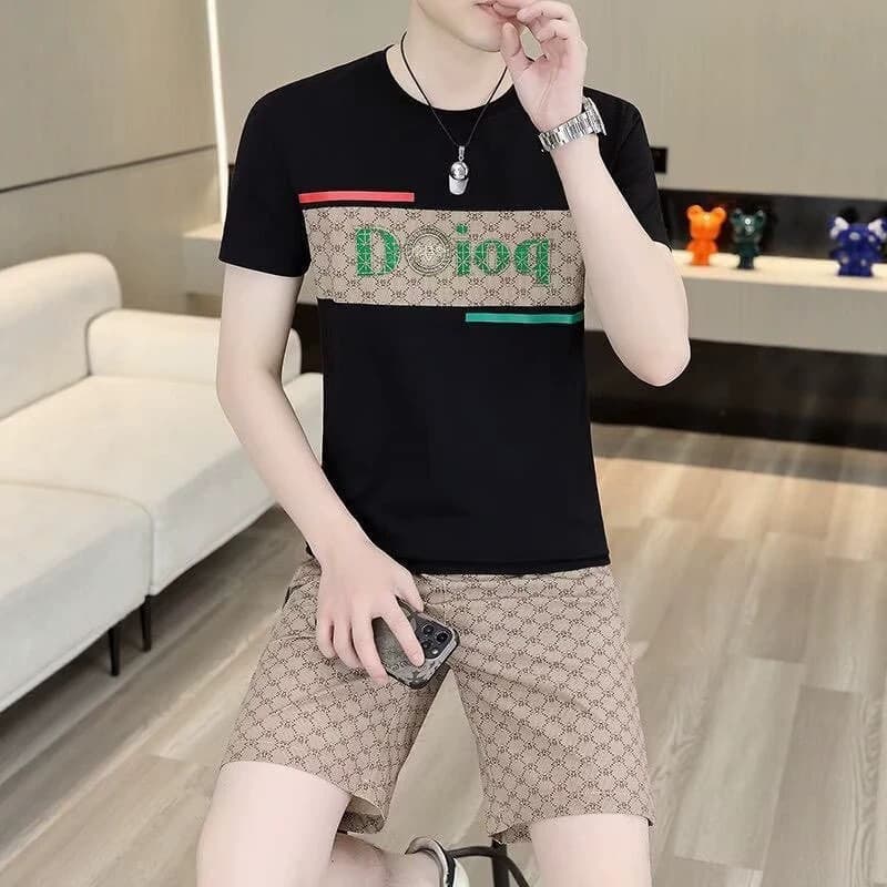 2026 verão novo estilo masculino de seda gelo Casual terno de manga curta camiseta calças de cinco pontos terno de duas
