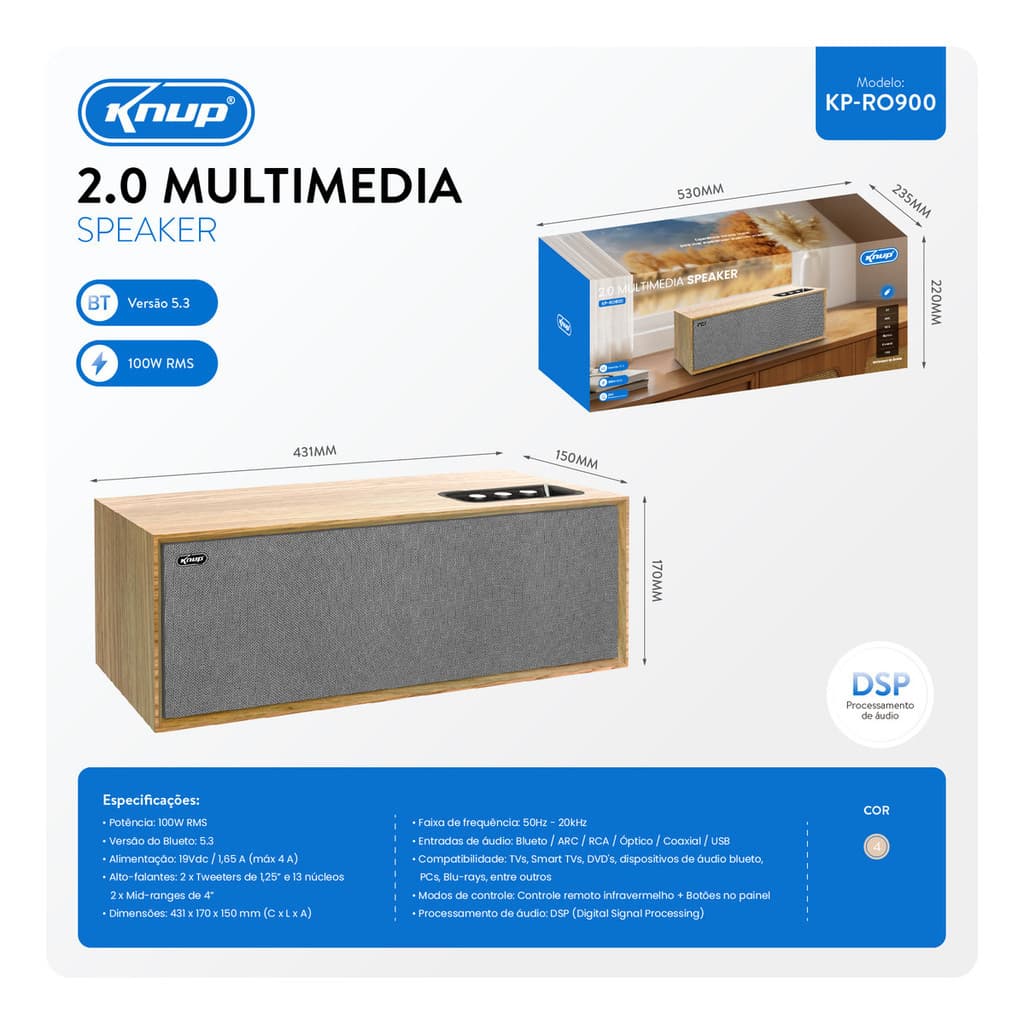 Caixa De Som Para TV Home Theater Knup KP-RO900 Com Controle Remoto DSP Som Potente