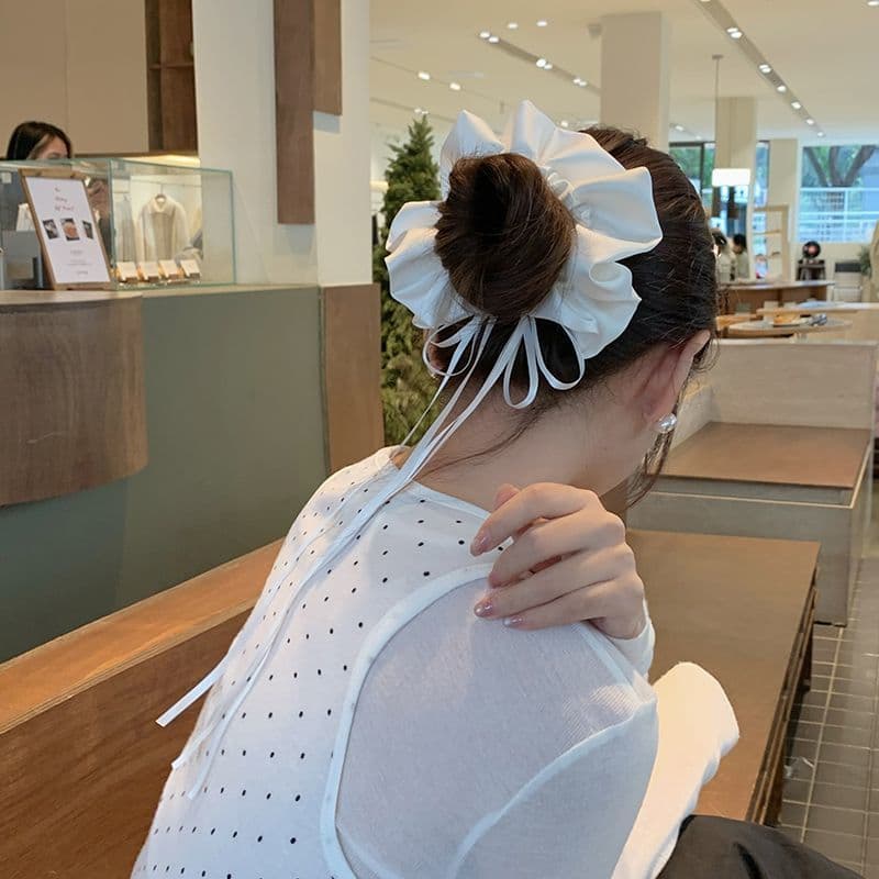 Estilo balé branco cetim arco longo Streamer Scrunchy laço de cabelo feminino rabo de cavalo laço de cabelo elástico Hig