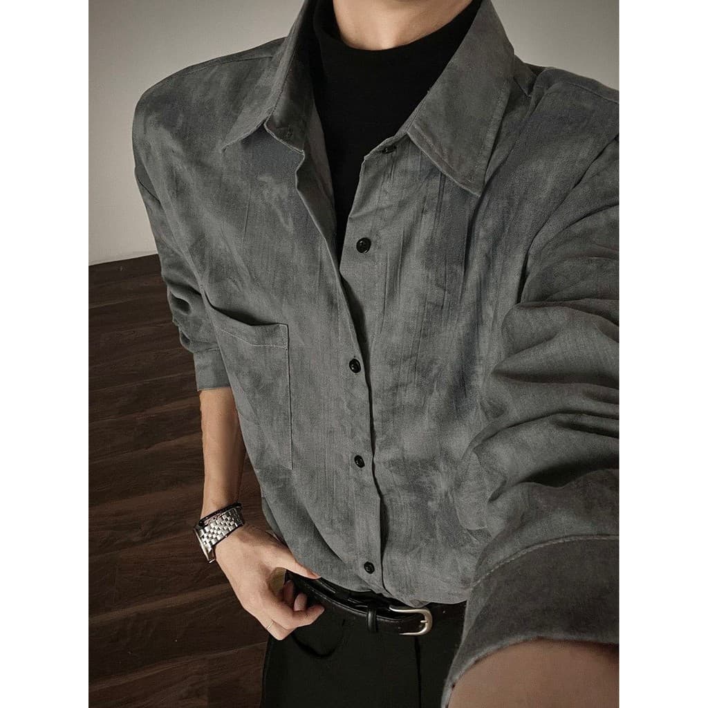 Fumaça cinza Tie-Dye camisa de manga comprida masculina primavera estilo coreano rufião bonito High-End Casual camisa so