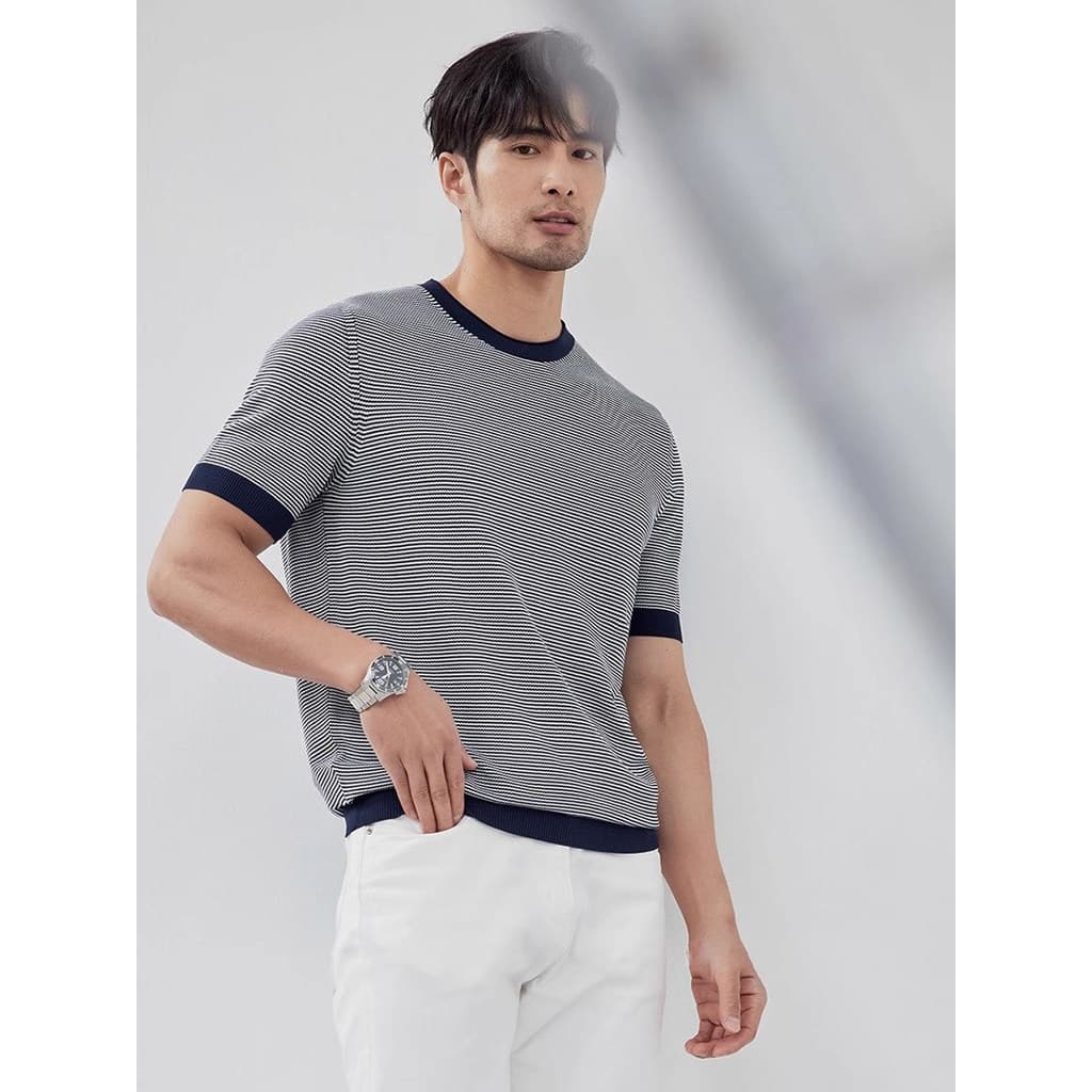 Verão fresco mar alma riscas contraste cor com nervuras de manga curta camiseta Casual gelo seda malha negócios em torno