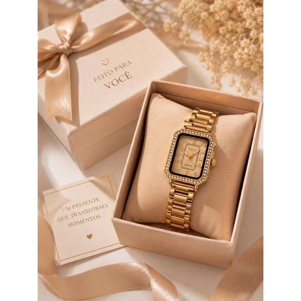Relógio Feminino Quartz Luxo Retangular com Pedrarias Elegante Fashion Dourado Rose Gold Prata