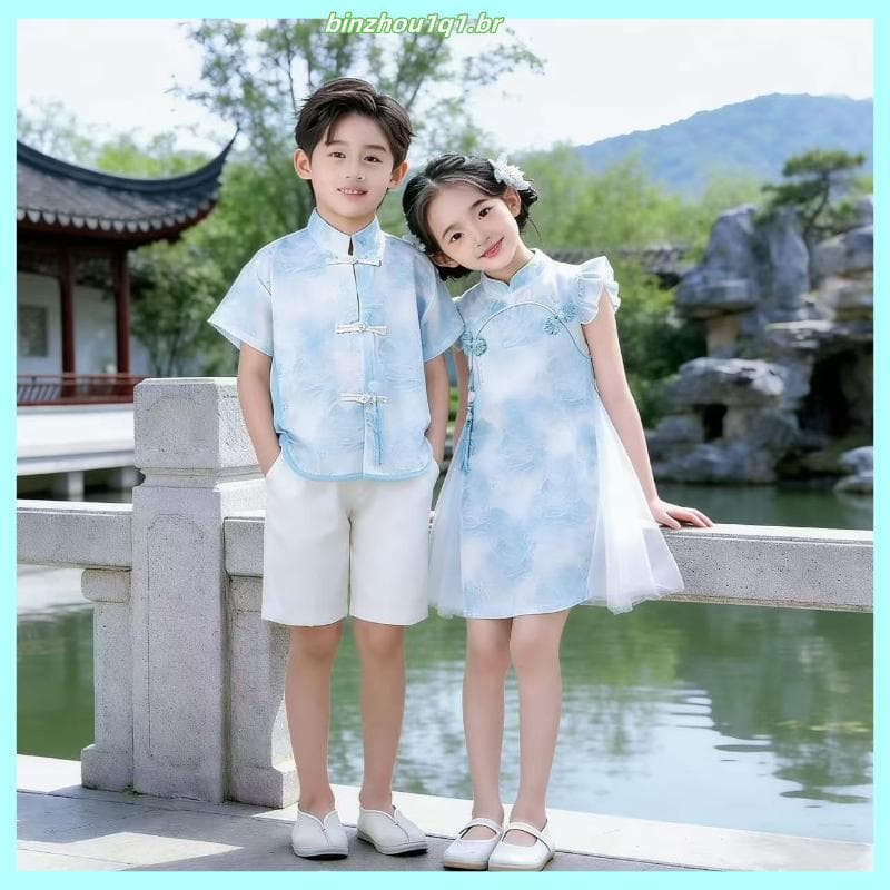 Crianças novo estilo chinês Hanfu meninos Tang terno meninas Cheongsam vestido de verão estilo chinês irmão irmã terno t