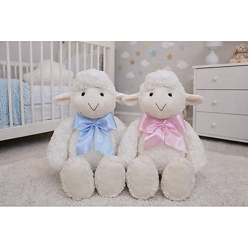 Ovelhinha com Laço Pelúcia 34cm de Altura Macia Cheia De Charme Para Decoração Batizado