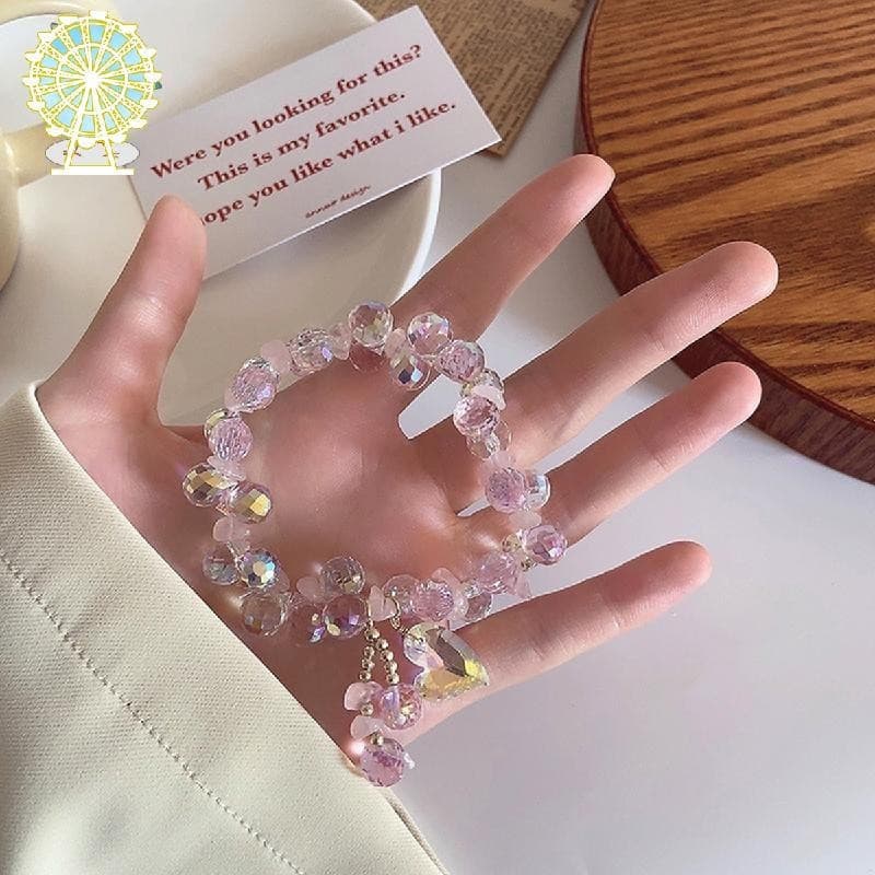Pulseira Brilhante Fileira Dupla Contas De Cristal Núcleo De Fadas Amor Charme Corrente Ajustável Boho Chique Presente P