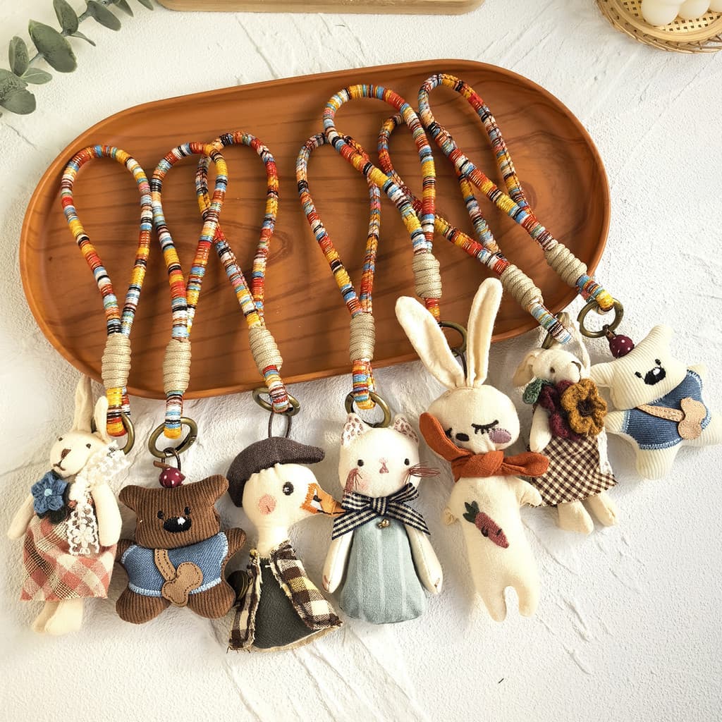 Tecido artesanal dos desenhos animados pingente boneca moda chaveiro saco acessórios bonito Animal conjunto de jóias