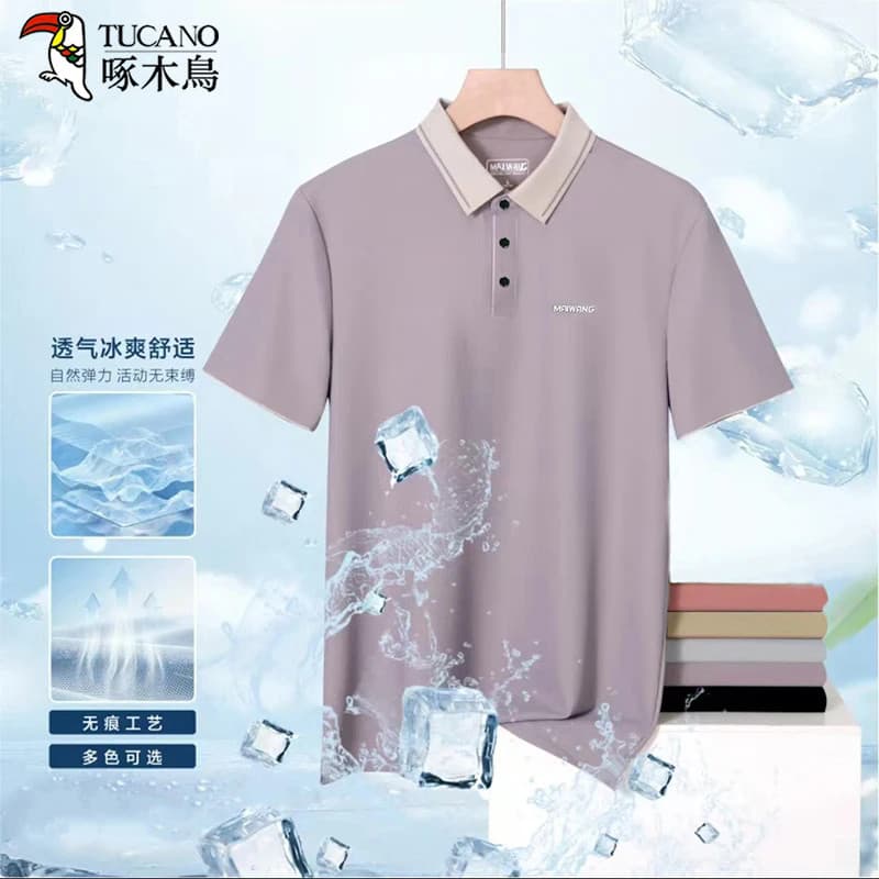 [Zero Feeling Ice Oxygen] Woodpecker Light Luxo Seda Gelo Sem Costura Respirável Camisa Polo Masculina Casual Top de Man