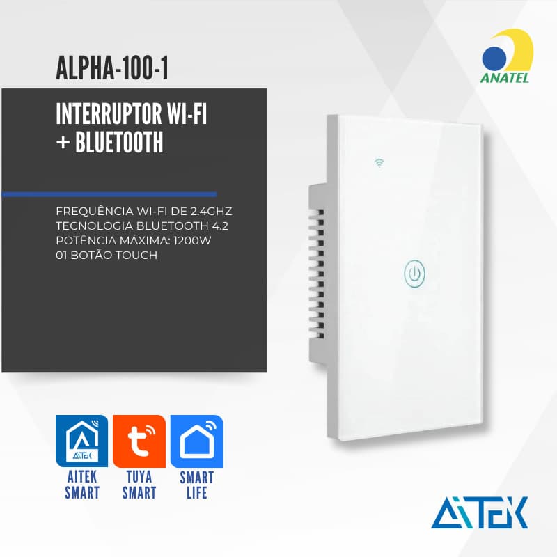 INTERRUPTOR WIFI TOUCH 1 TECLA APP TUYA BRANCO ALPHA-100-1 AITEK