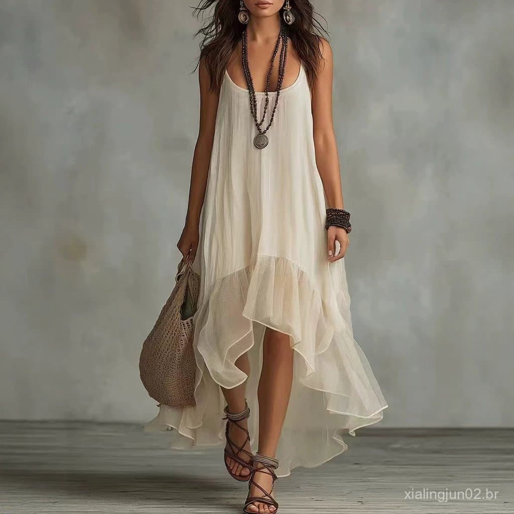 Vestido casual de verão leve e irregular de dupla camada para mulheres, vestido de alças de cor sólida e elegante AQVN