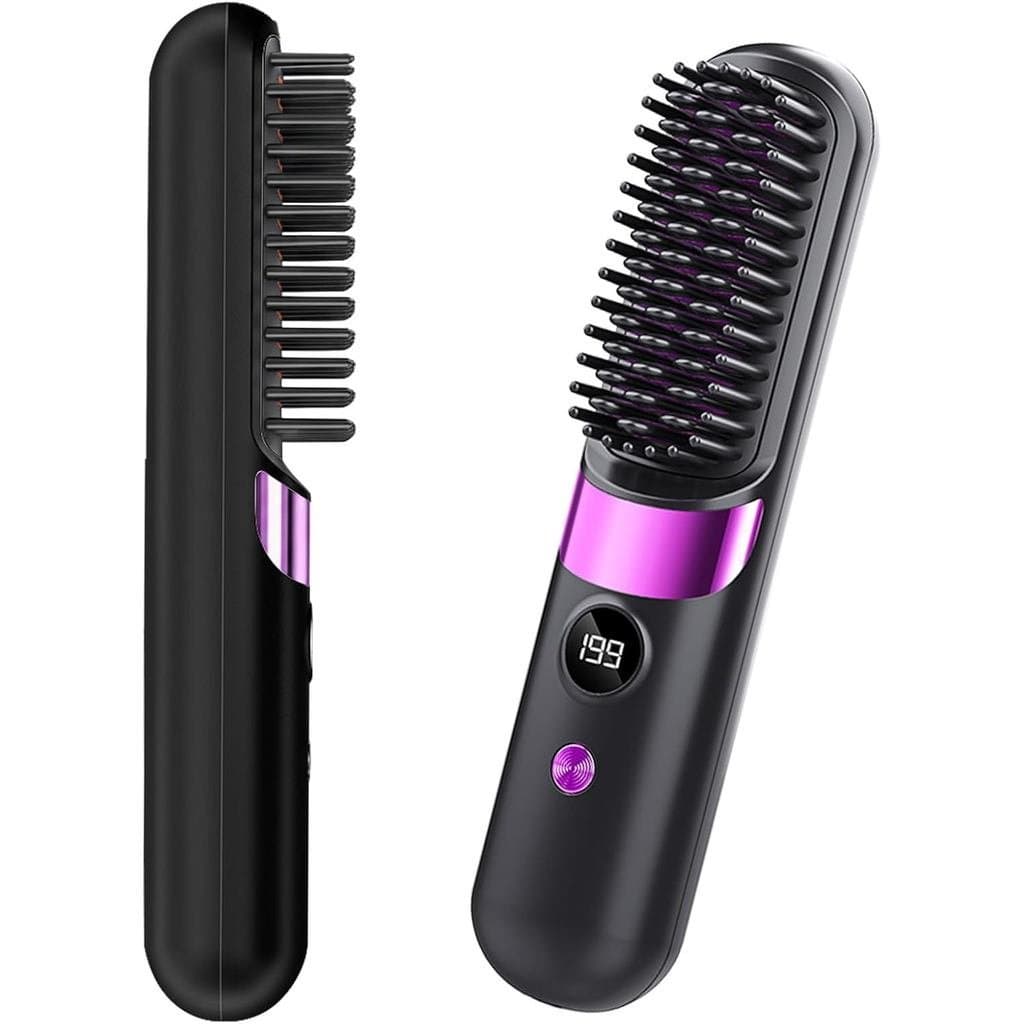 Escova Alisadora de Cabelo Sem Fio Go Brush Pro UK, Escova Térmica Portátil Recarregável com 4 Modos de Calor e Display