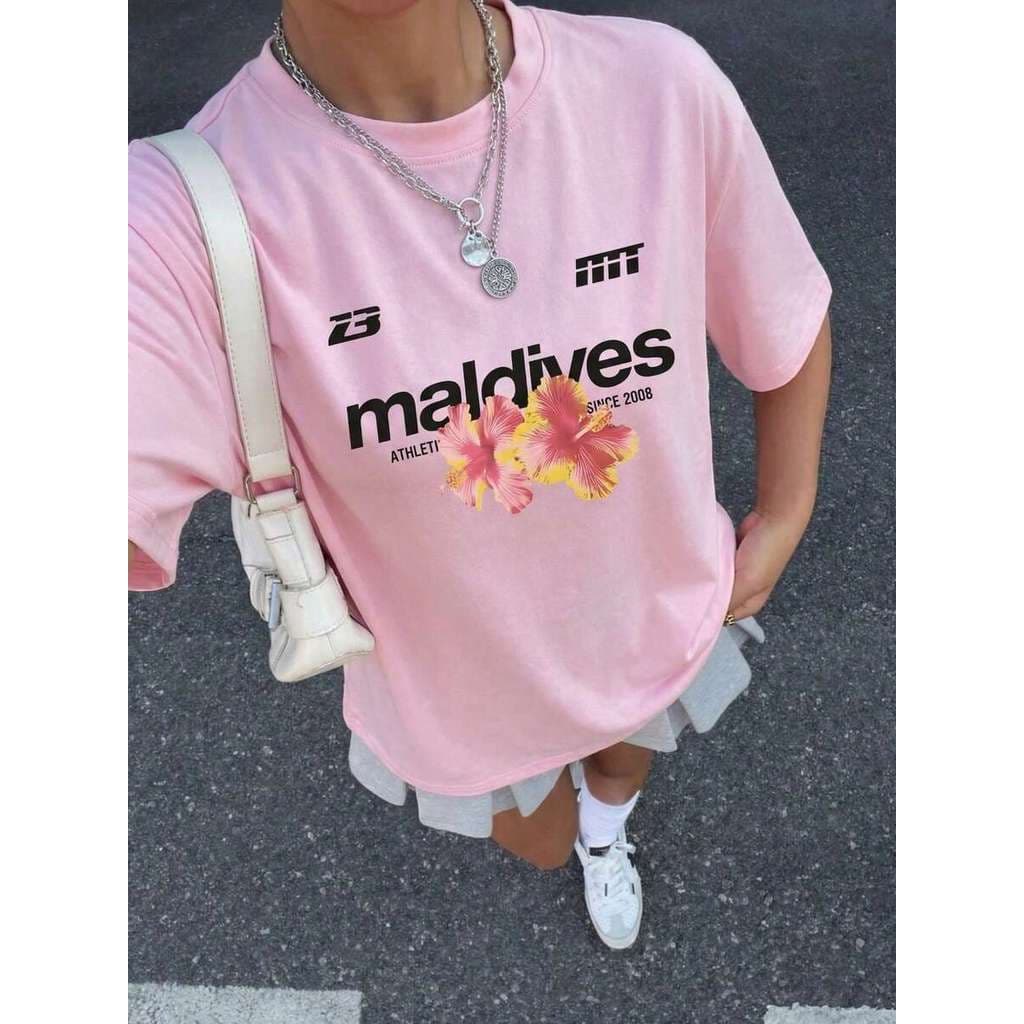 Camiseta Esportiva Feminina com Estampa de Flor  Maldivas, Rosa, Casual, Esportiva, Manga Curta, Decote Redondo, Verão