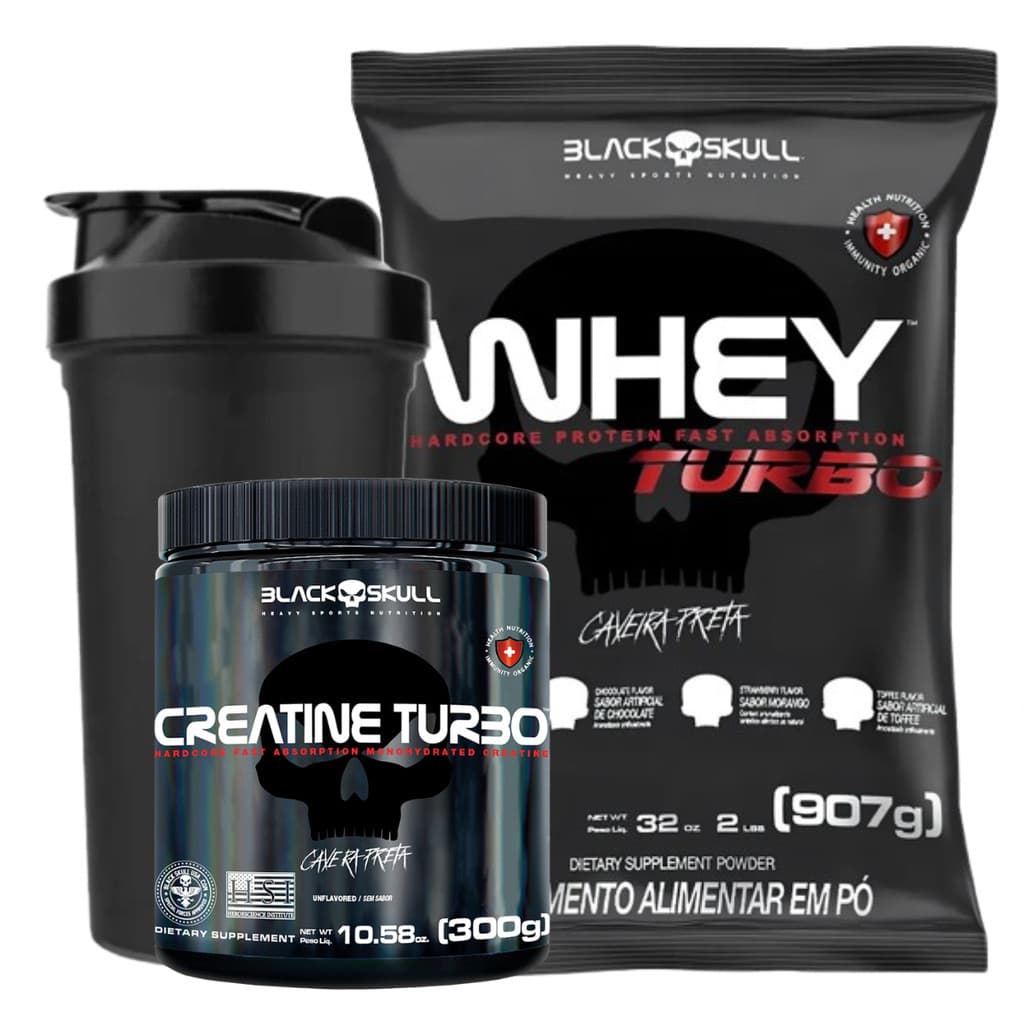 Kit Caveira Preta - Whey + Creatina Turbo 300g + Coq  Black Skull