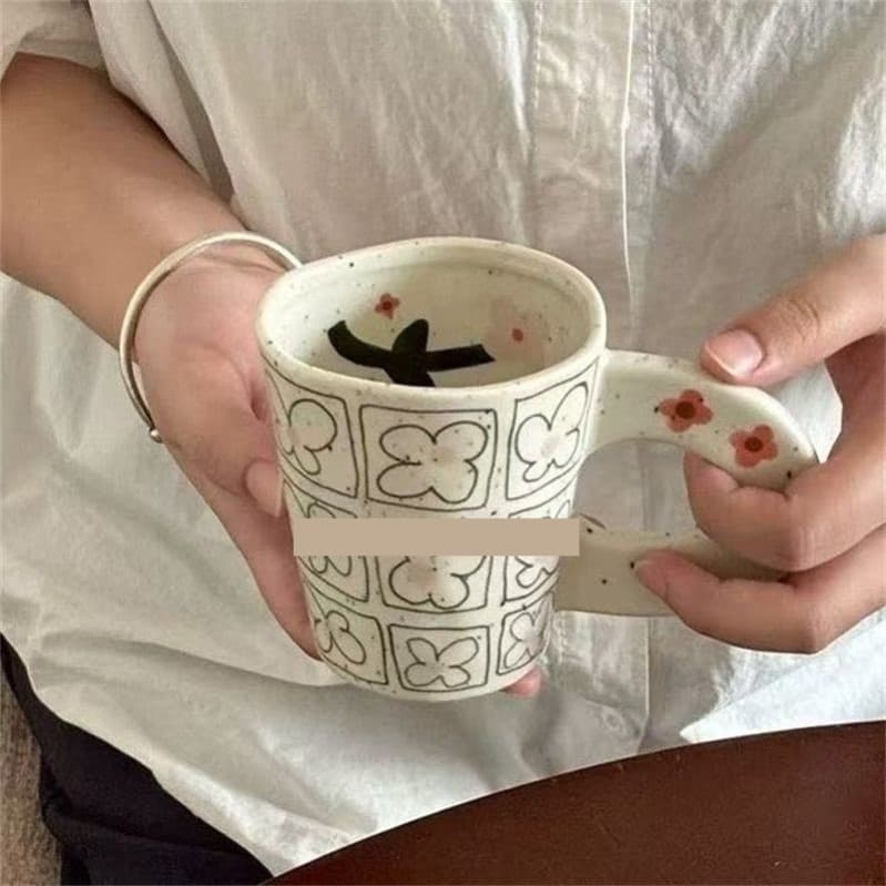 Caneca de cerâmica retrô com flores, arte bonita, alto valor, xícara de café da manhã, presentes criativos de aniversári
