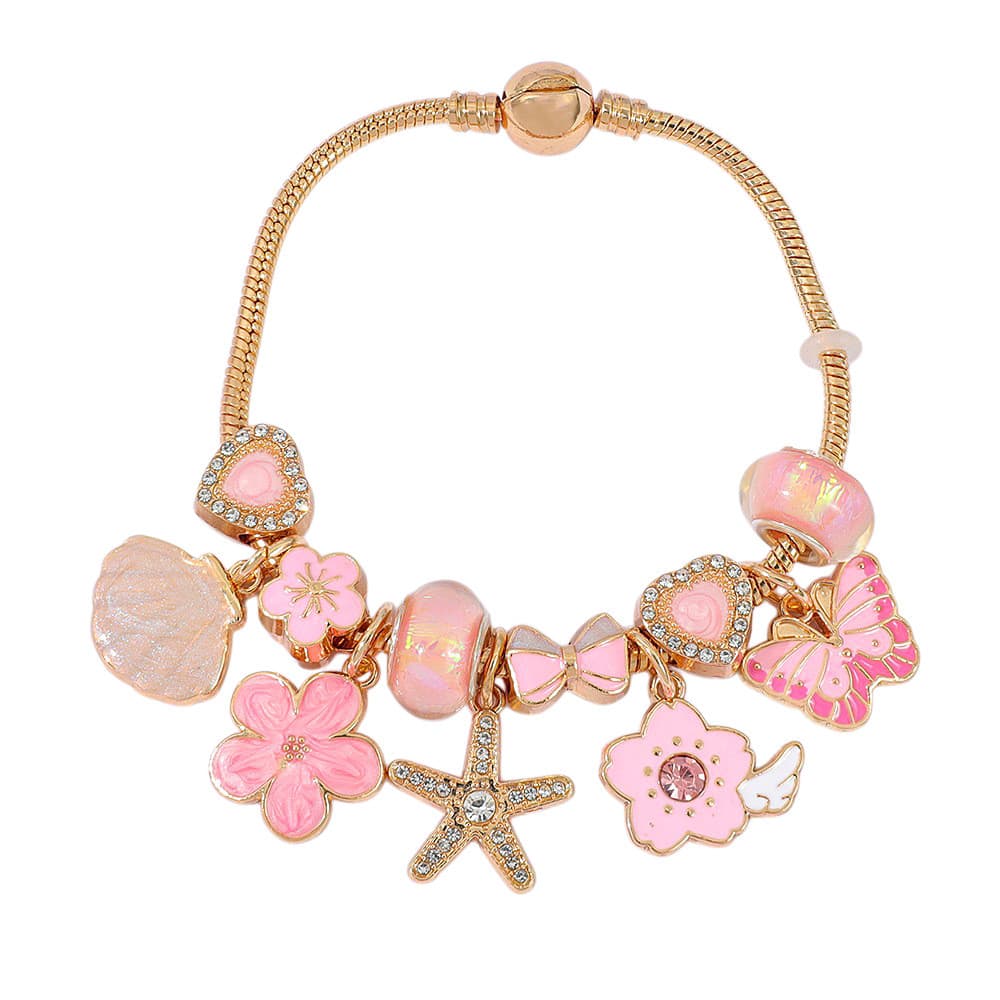 Pulseira de contas com laço rosa dourado | Corrente de clavícula feminina em flor de cerejeira rosa, joias com contas fe