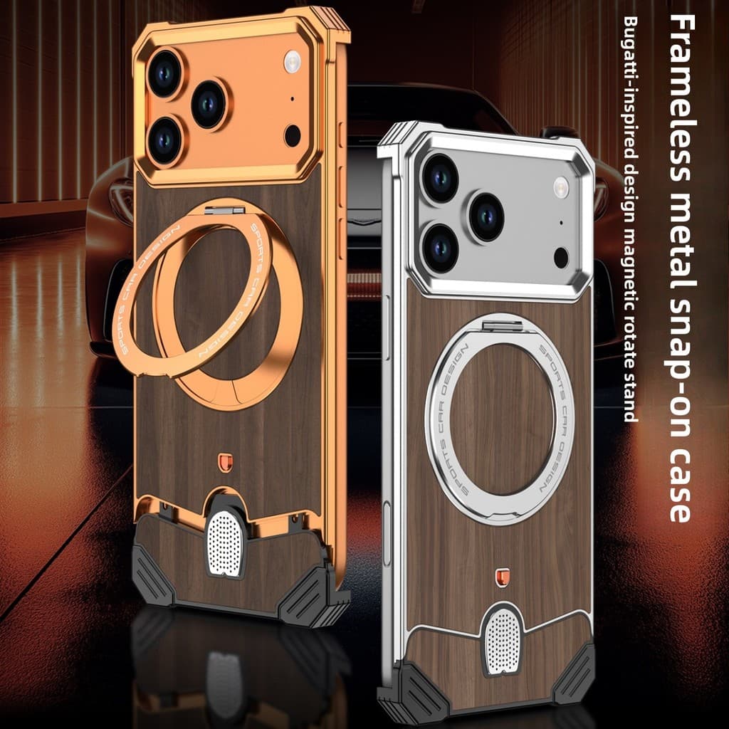 Capa De Metal Para iPhone 17 Pro/ProMax Inspirada No Supercarro | Suporte Giratório Magnético + Dissipação De Calor Sem