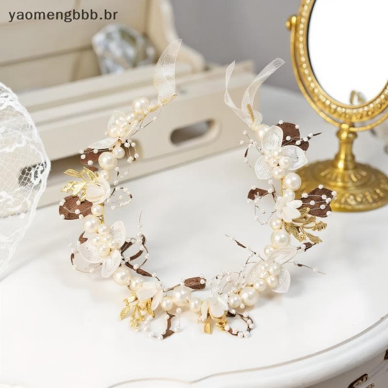 [yaobb] Meninas Elegantes Imitadas De Pérolas Cabelo Cocar Para Bebês Guirlanda De Flores Cabeça Argola Casamento COD
